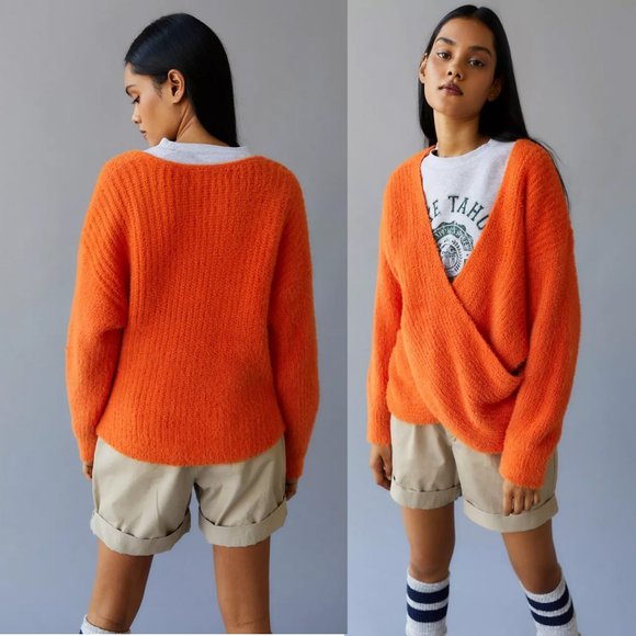 NEW Urban Outfitters Orange Kane Wrap Soft Fuzzy Knit Cozy Sweater $69 M or L - Picture 4 of 9